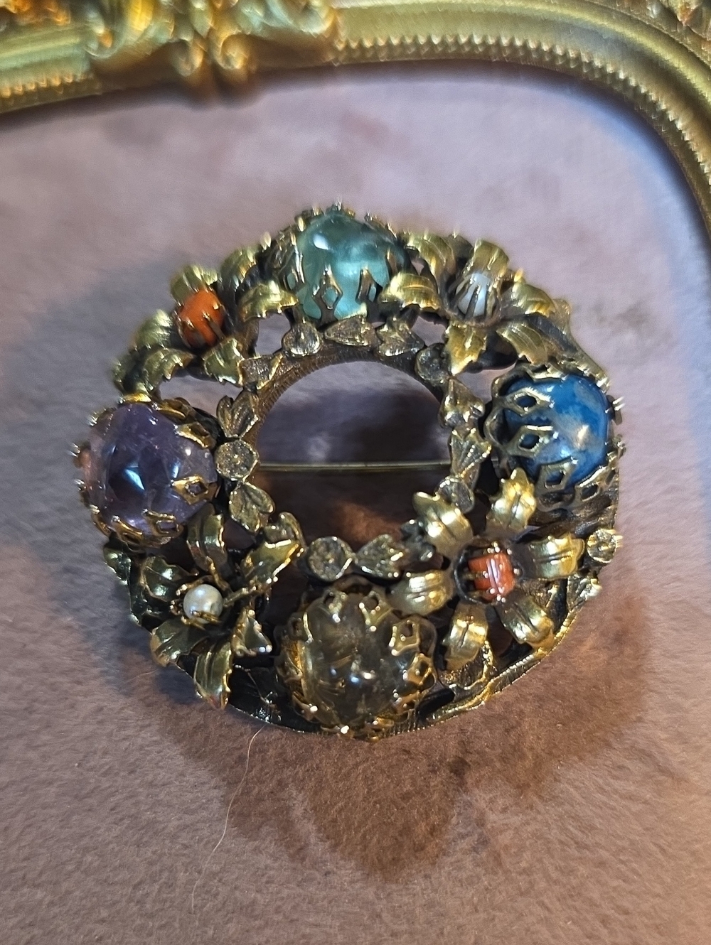 Vintage Mid Century Multi Gemstone Wreath Pin Faux Pearls Coral Accent
